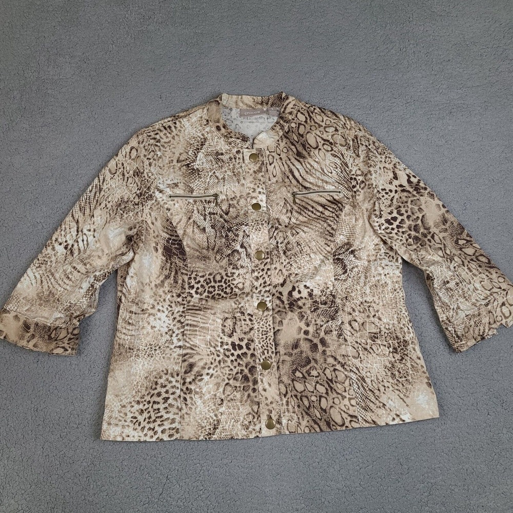 Chicos Top Snap Button Women's Size 3 XL Beige Brown Animal Print 3/4 Sleeve